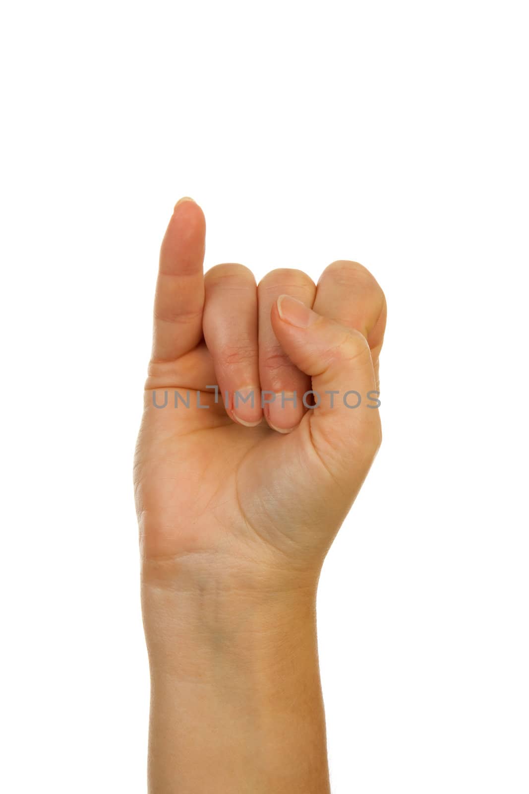 Finger spelling (hand alphabets) : Hand is spelling letter J over white background