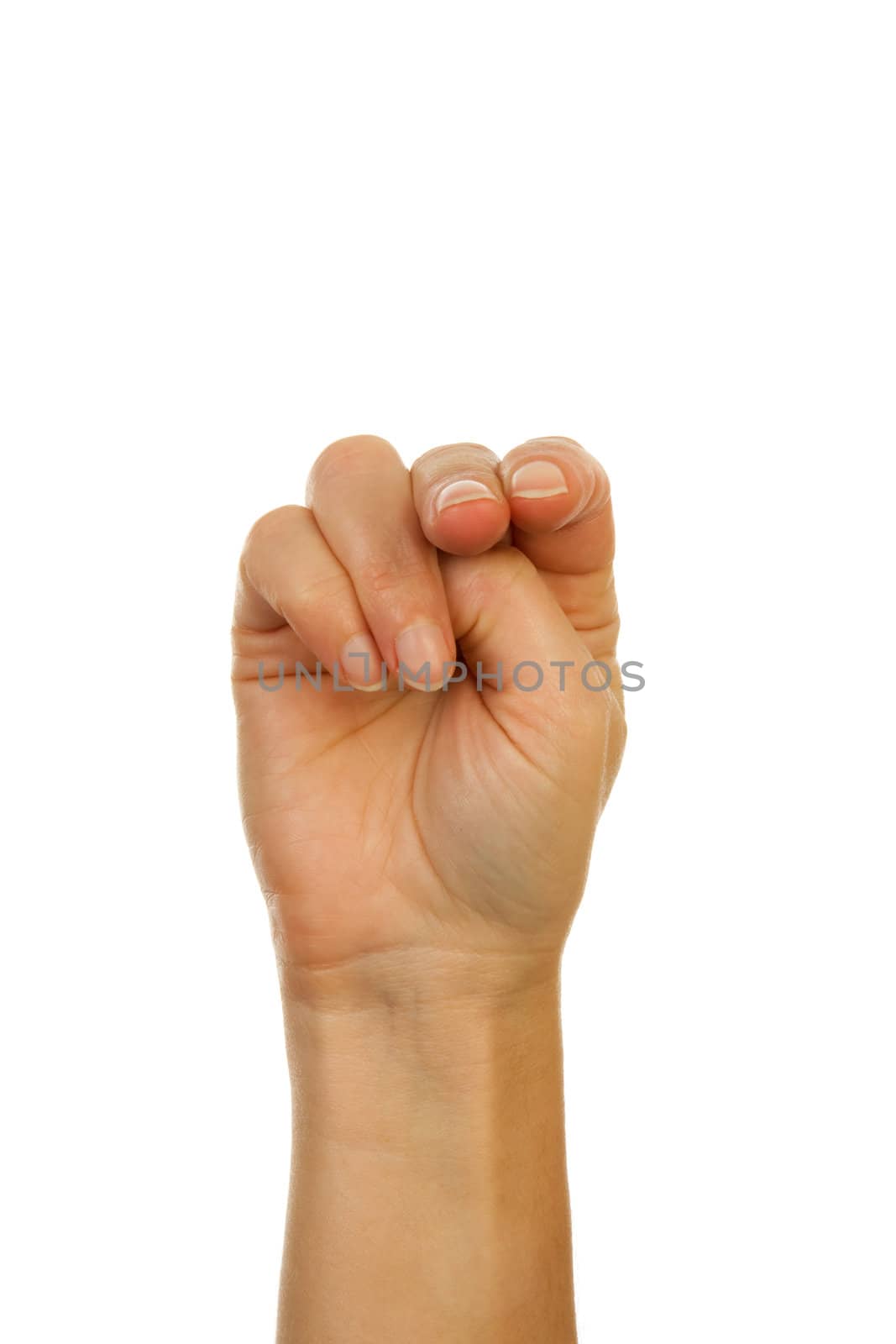 Finger spelling (hand alphabets) : Hand is spelling letter N over white background