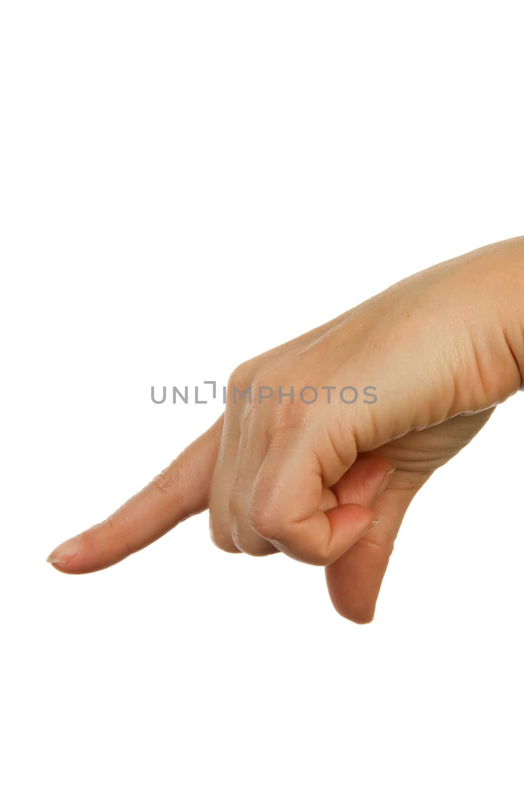 Finger spelling (hand alphabets) : Hand is spelling letter Q over white background
