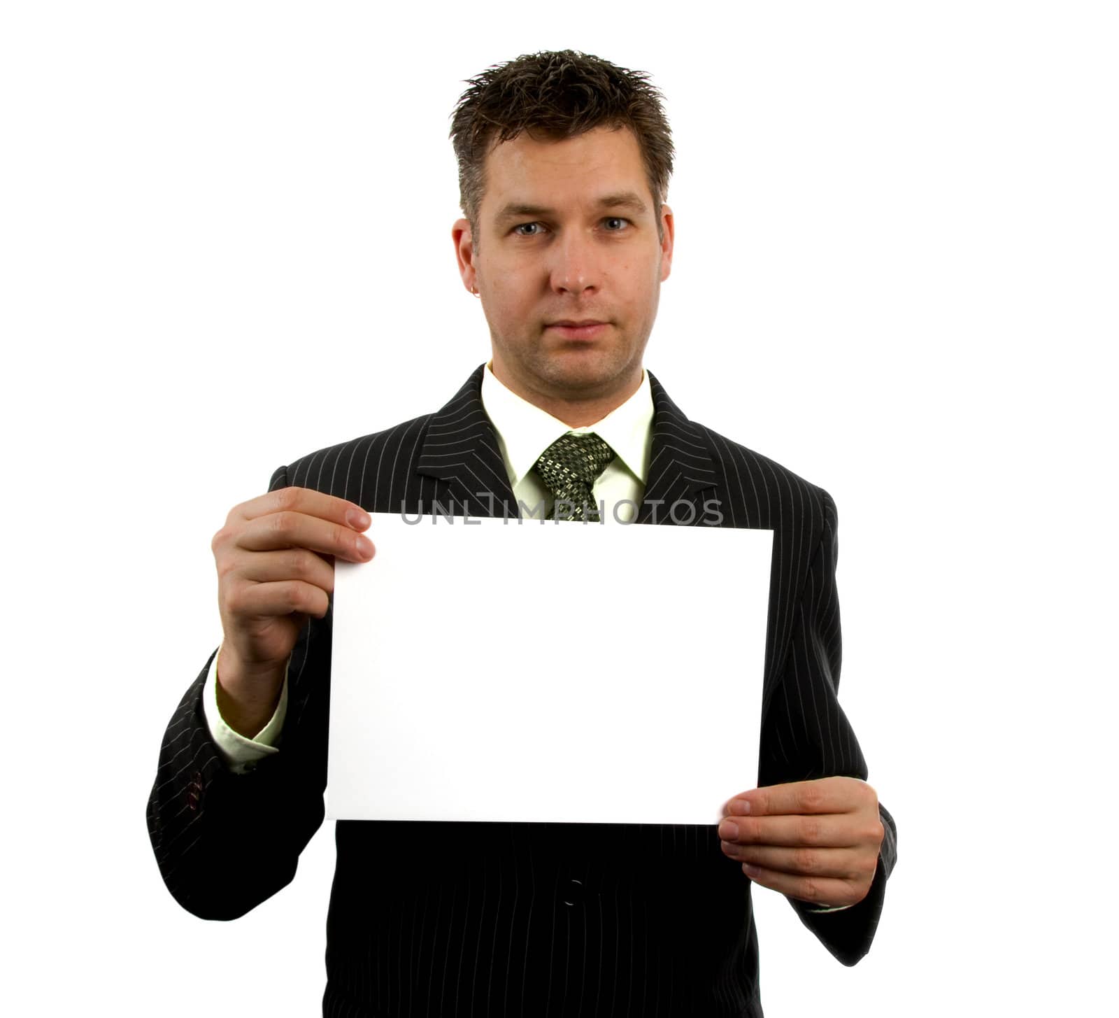Businessman is holding empty card isolated on white background