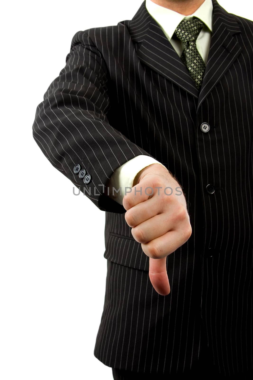 Thumbs-down in closeup isolated on white background