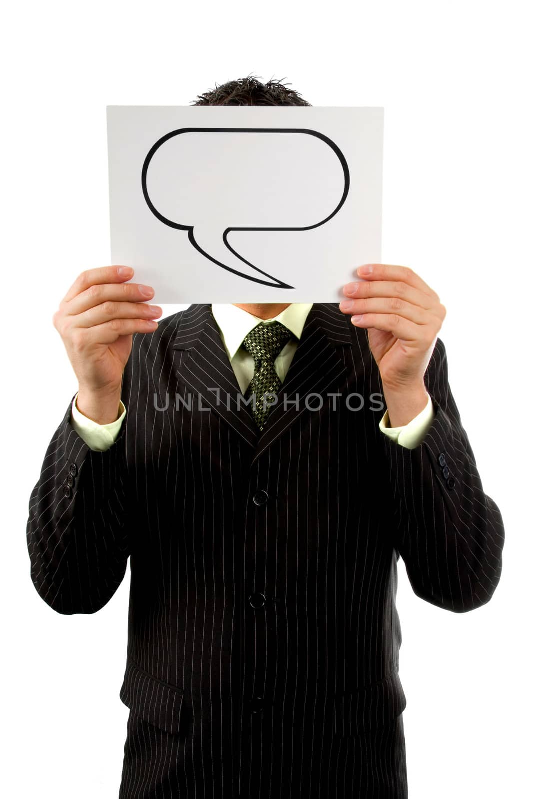Businessman is holding a tekstballoon