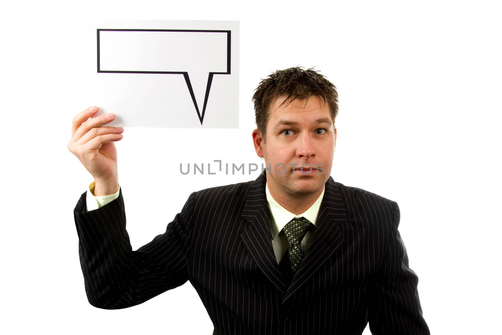 Businessman is holding a text balloon