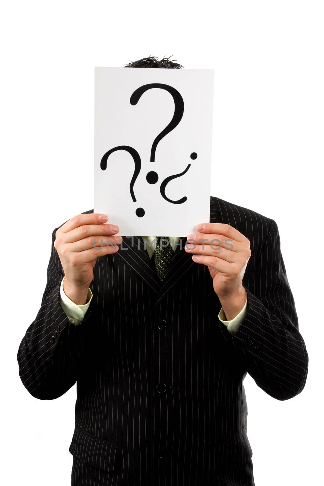 Businessman is holding a question sign, isolated on white background
