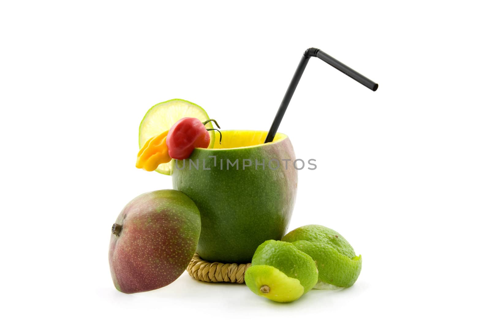 Mango cocktail with peppers and lime isolated on white background