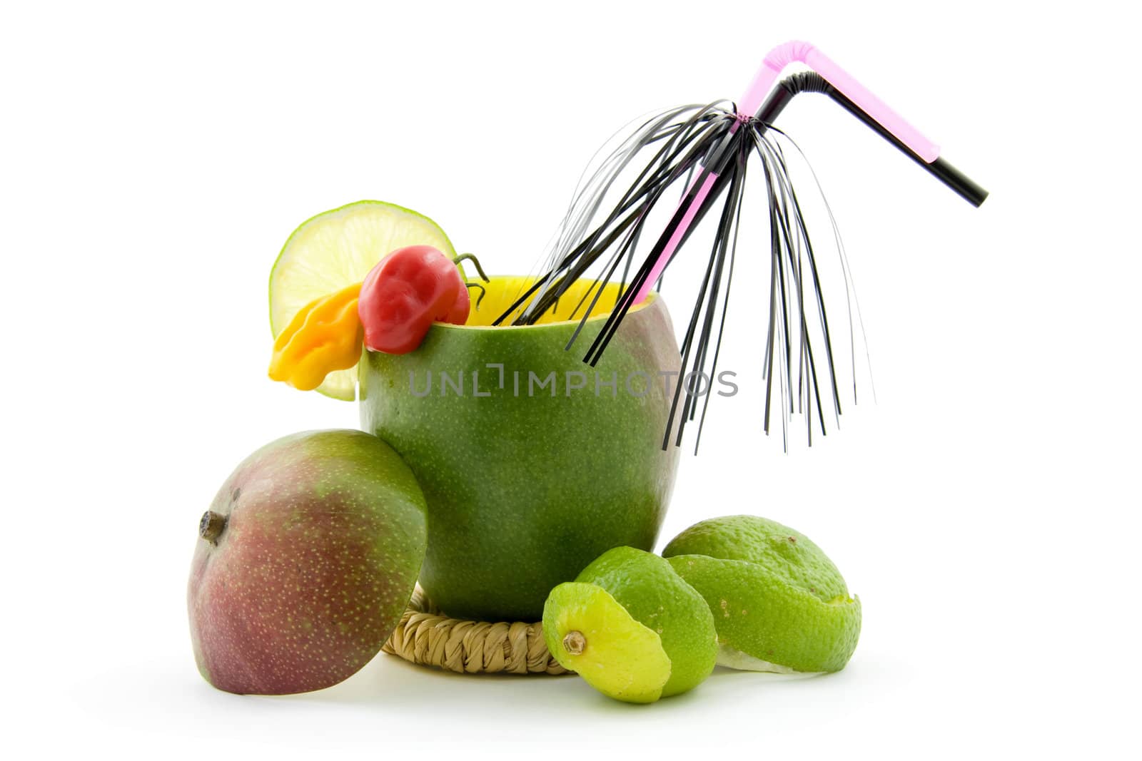 Mango cocktail with peppers and lime isolated on white background