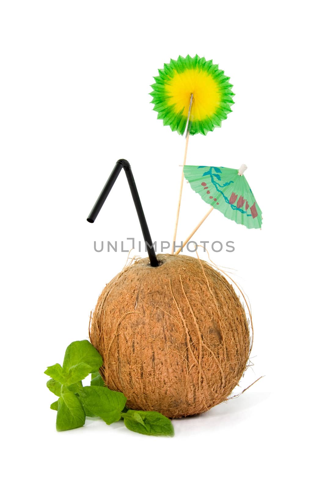 Refreshing tropical coconut drink isolated on white background