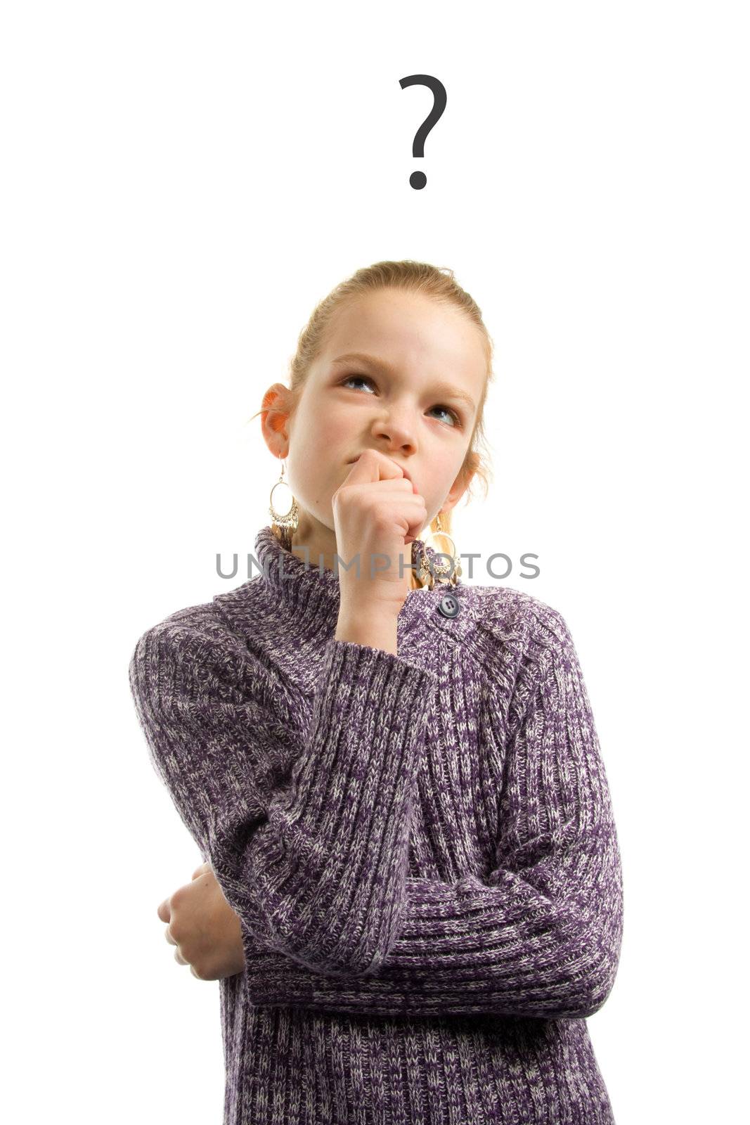 girl with questions on her mind isolated on white background