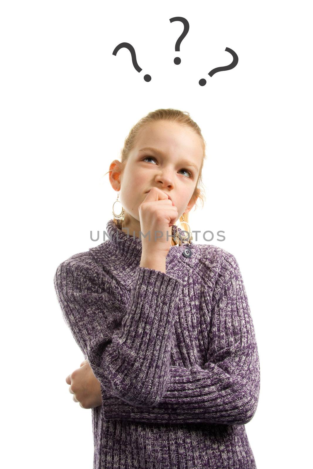 girl with questions on her mind isolated on white background