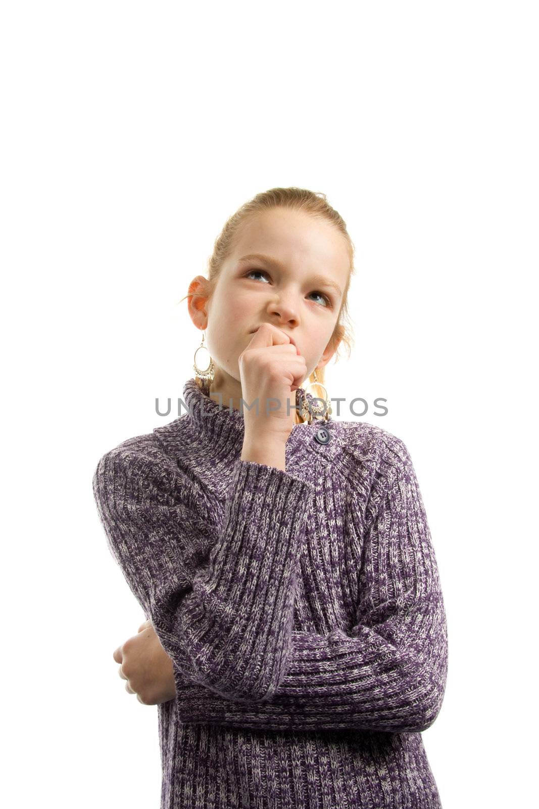 girl with questions on her mind isolated on white background