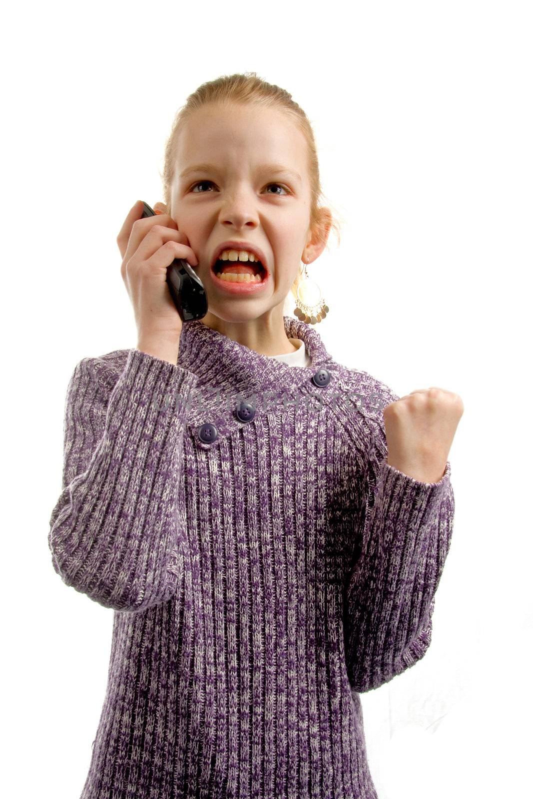 Girl is angry on the phone isolated on white background