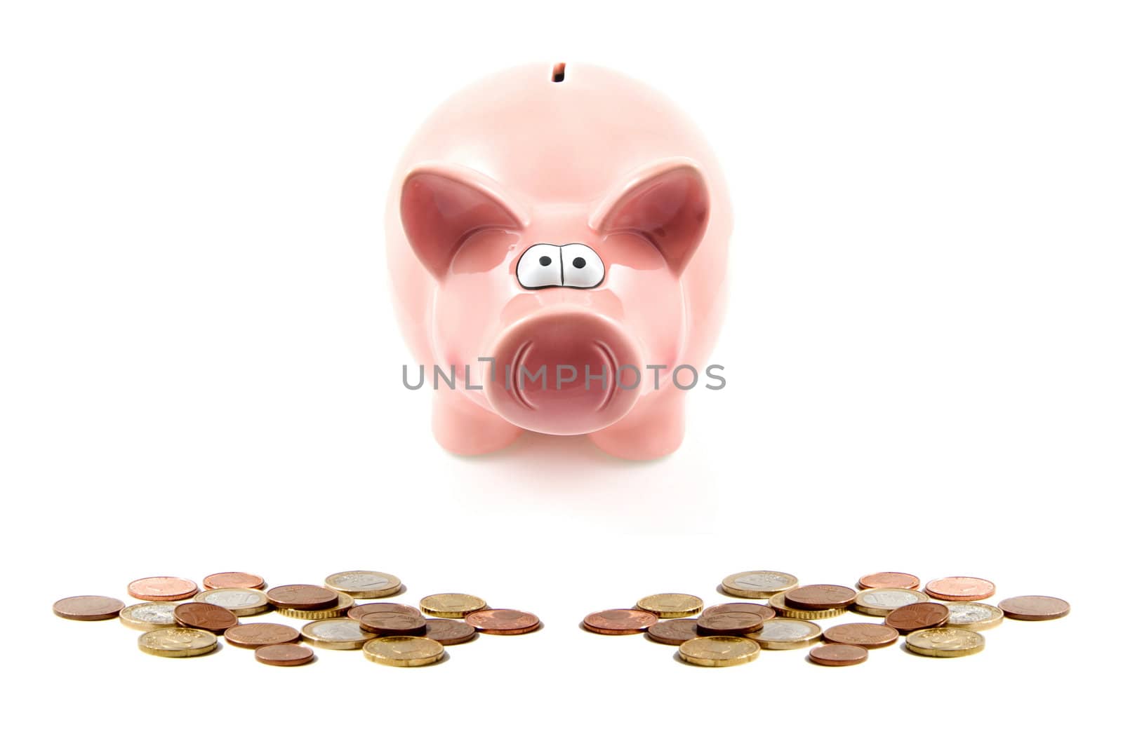 piggy bank and coins isolated on white background