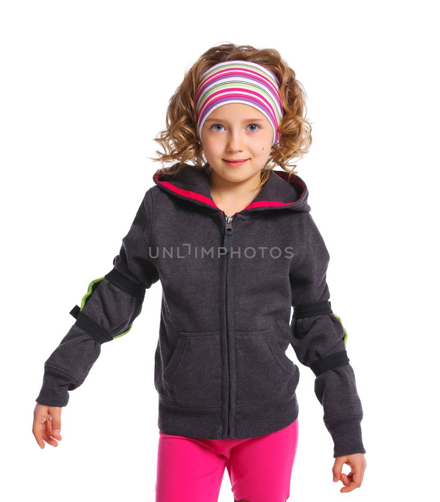 Cute girl wearing in sports clothes. Isolated on a white background
