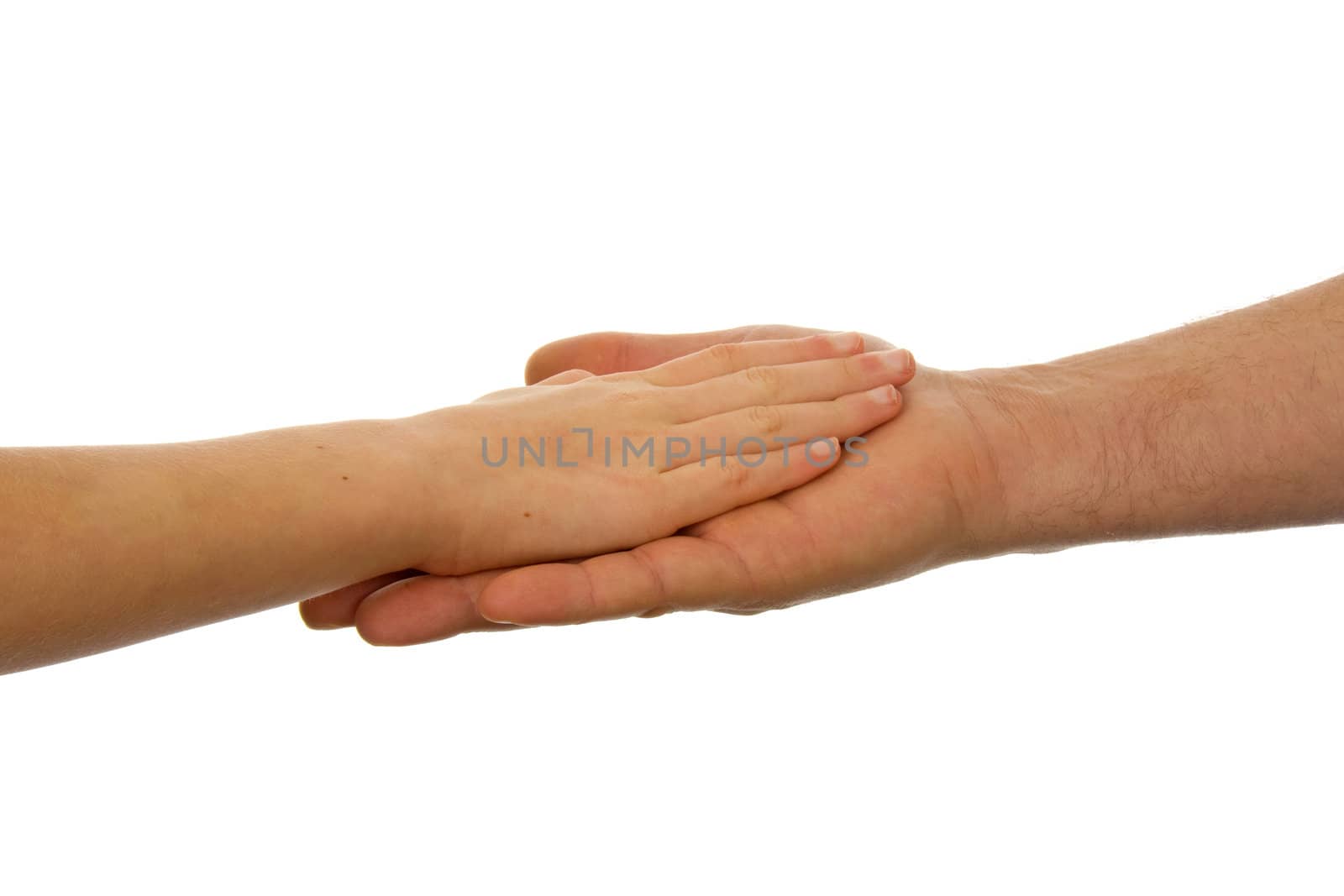 Adult men and child handshake over white background