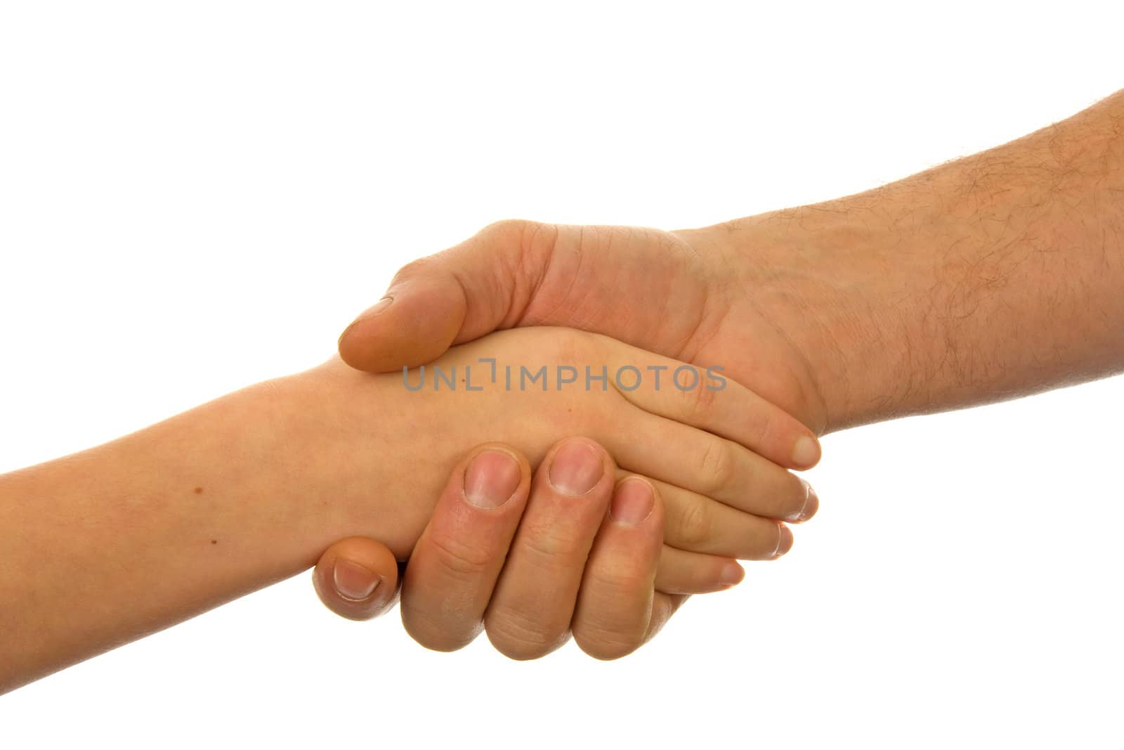 Adult men and child handshake over white background