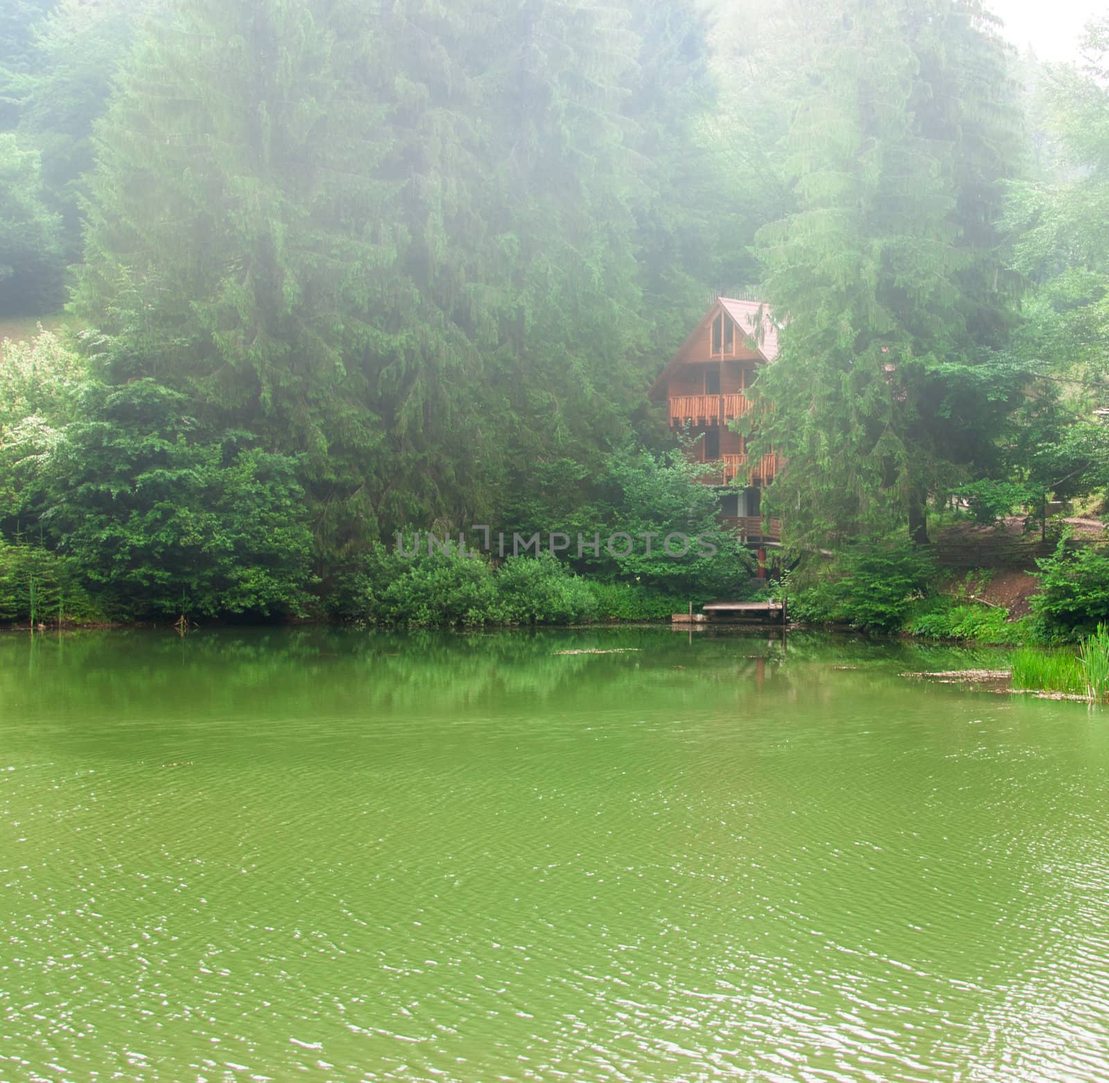Beautiful wooden house on lake in wood