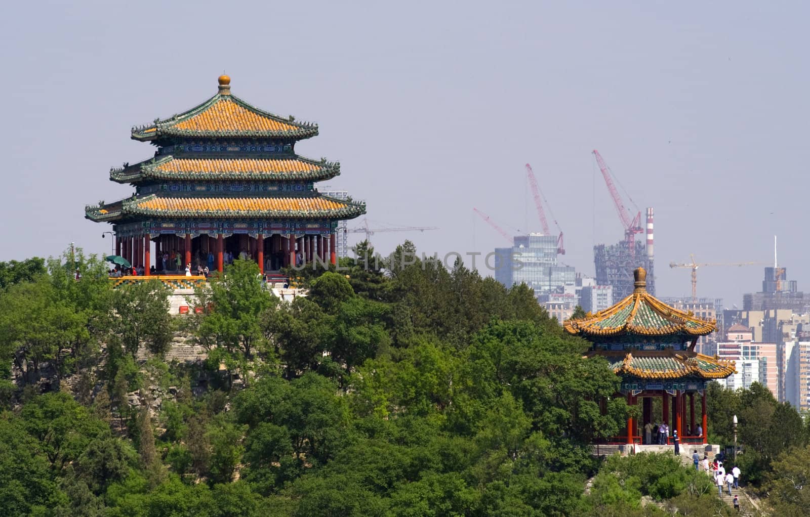 Picture of Jingshan Park Pavilions taken from Beihai Park.  Jingshan Park is directly in back of the Forbidden City