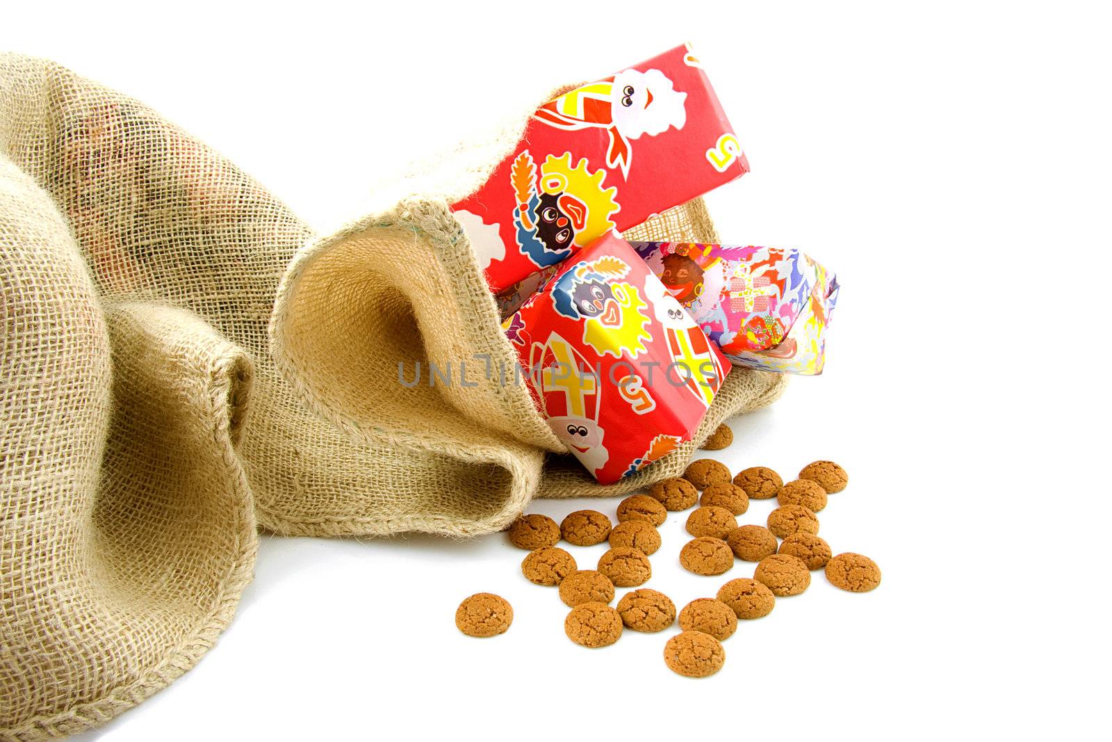 Typical Dutch celebration: Sinterklaas with presents in bag and ginger nuts, ready for the kids in december