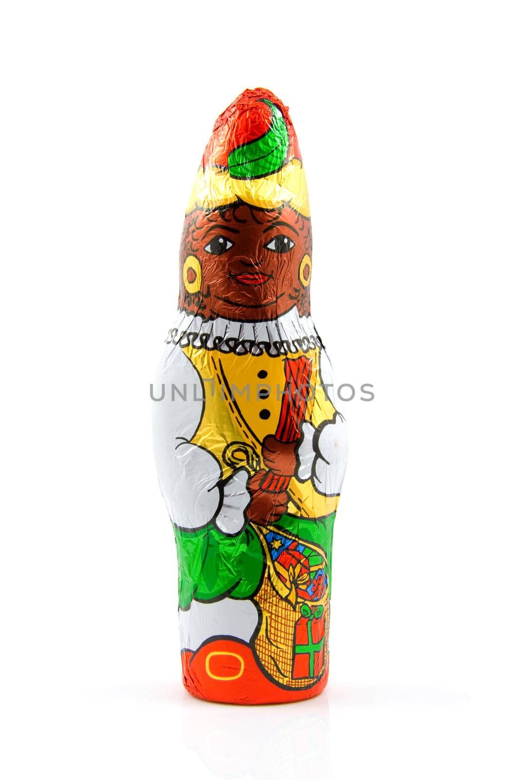 Chocolate black pete ( zwarte piet), candy for a tradiotional event in the Netherlands, over white background