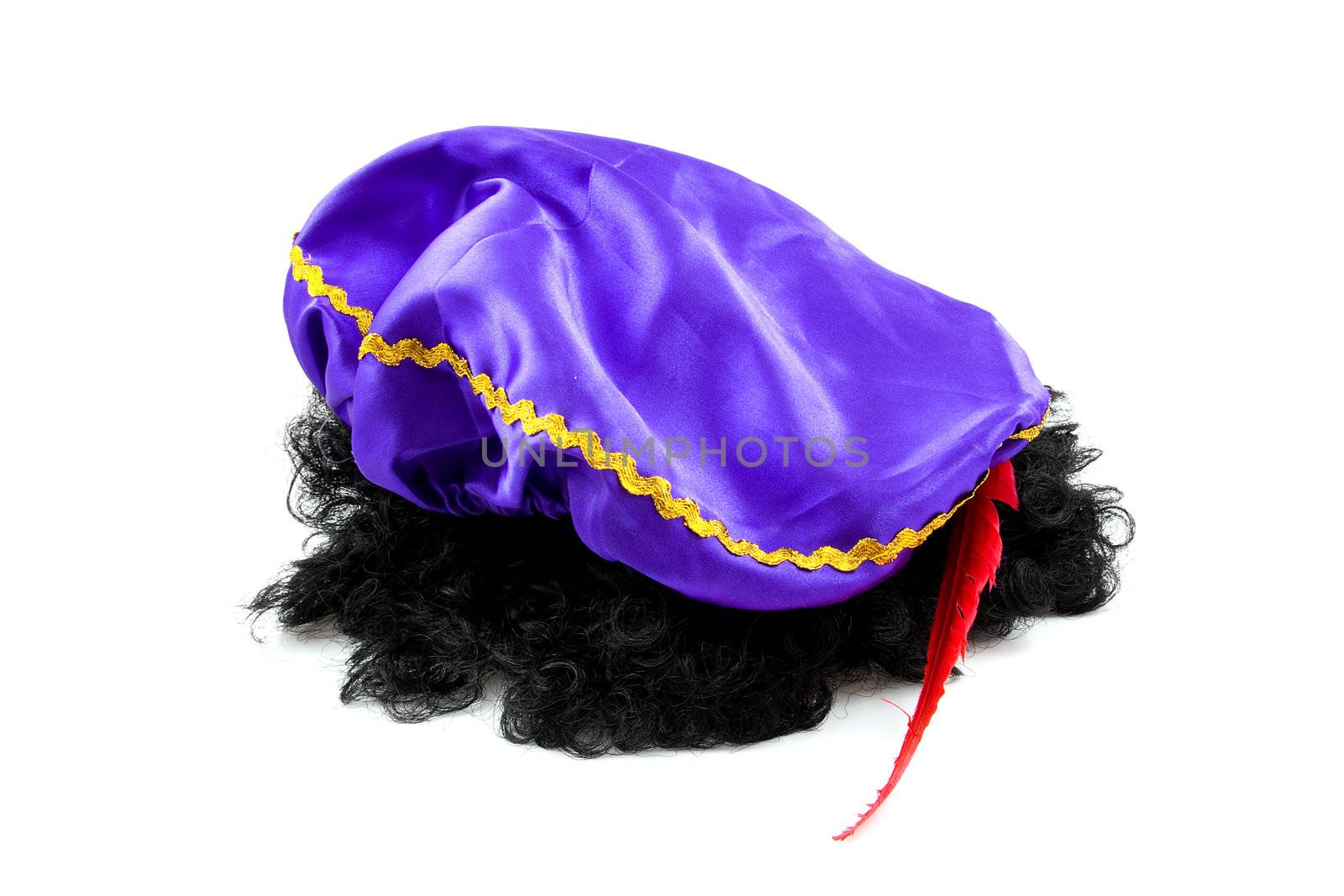 purple hat with red feather and black hair of Zwarte Piet, typical Dutch event in december