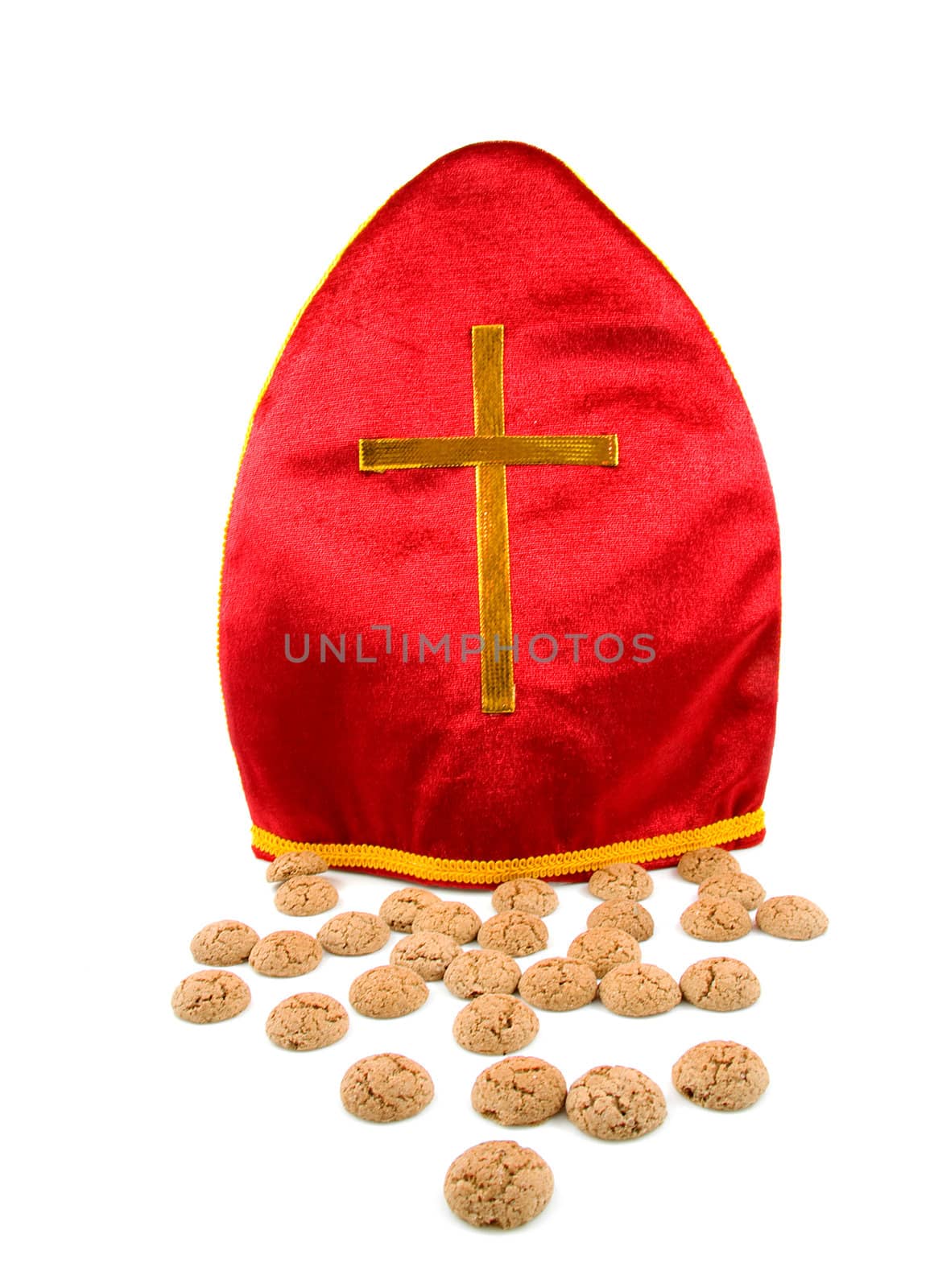 Mitre als know as mijter of Sinterklaas and pepernoten, part of typical Dutch tradition, isolated on white background