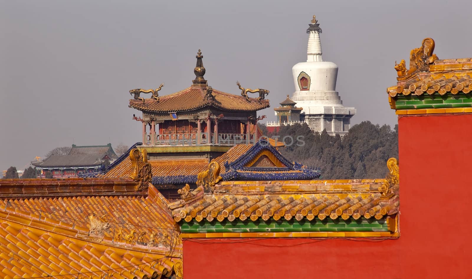 Beihai Buddhist Stupa Yellow Roofs Dragon Pavilion Gugong, Forbidden City Roof Figures Decorations Emperor's Palace Built in the 1400s in the Ming Dynasty

Resubmit--In response to comments from reviewer have further processed image to reduce noise, sharpen focus and adjust lighting.