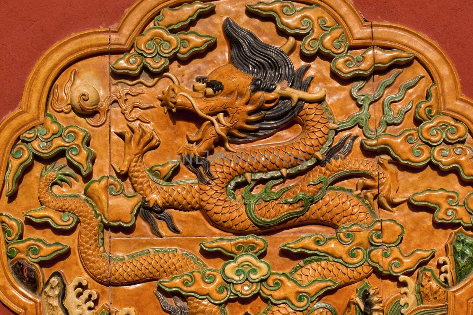 Dragon Ceramic Decoration Yellow Wall Forbidden City Beijing by bill_perry