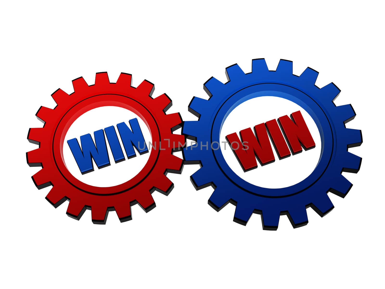 win win - words in 3d red and blue gearwheels, business concept