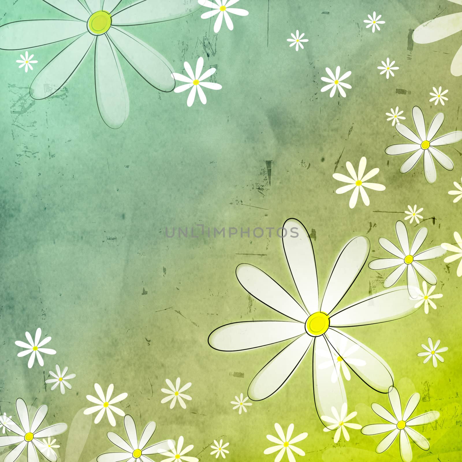 white flowers in blue green old paper background by marinini