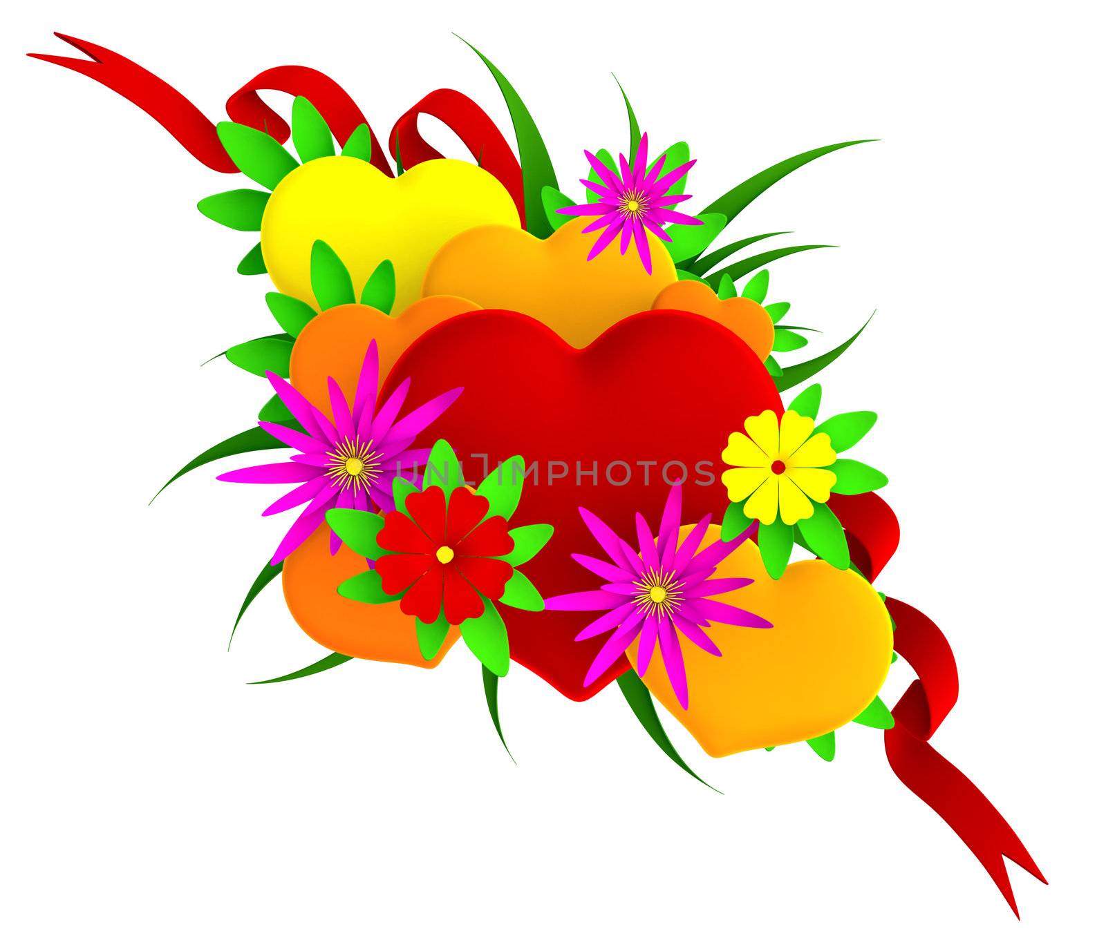 Set of hearts in floral style with green leaves and red ribbon on white background for Mother's day