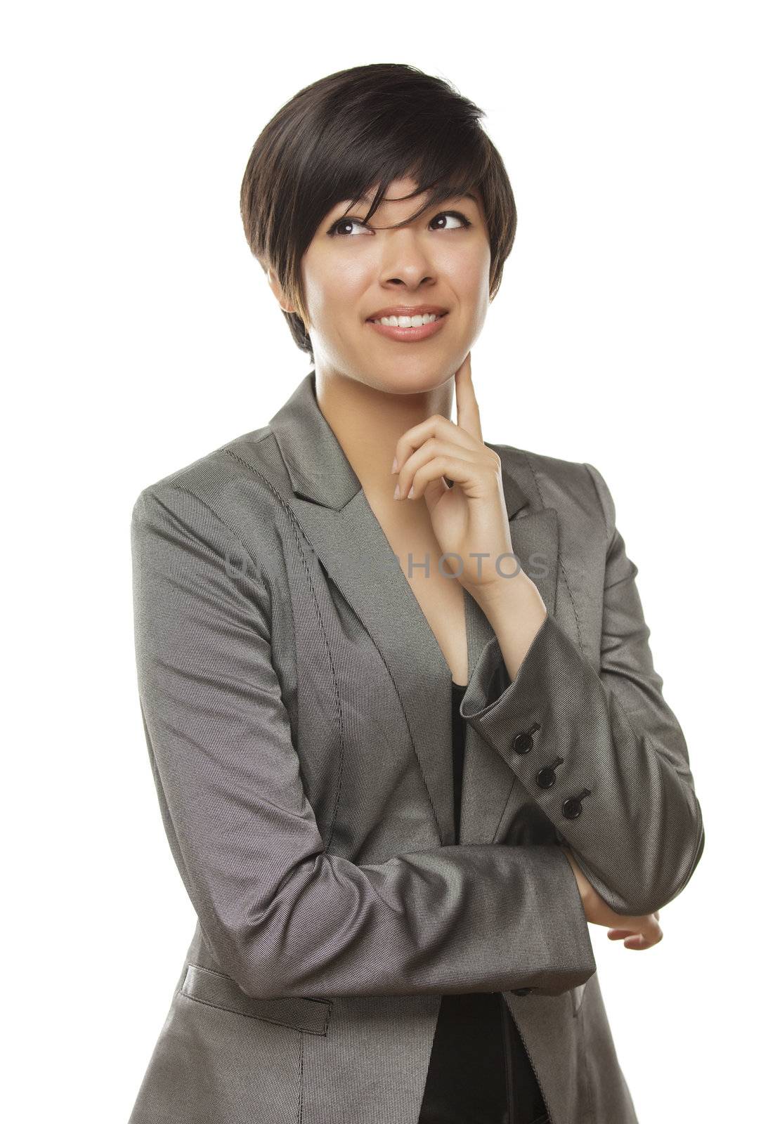 Pretty Young Adult Mixed Race Adult Looking to the Side Isolated on a White Background.