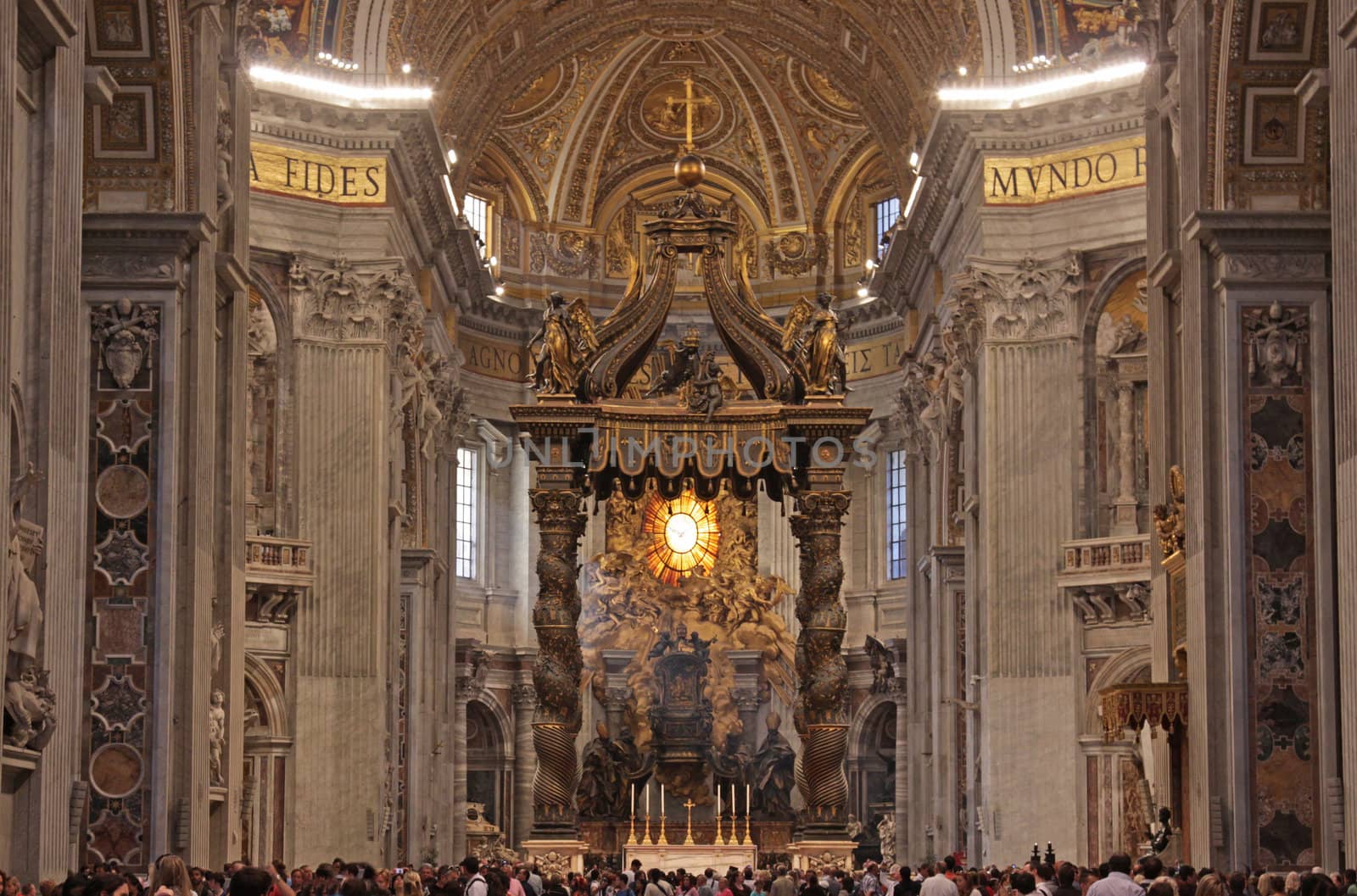 A wide angle shot of the main altar of St. Peter's Basilica, in Rome, Italy.
