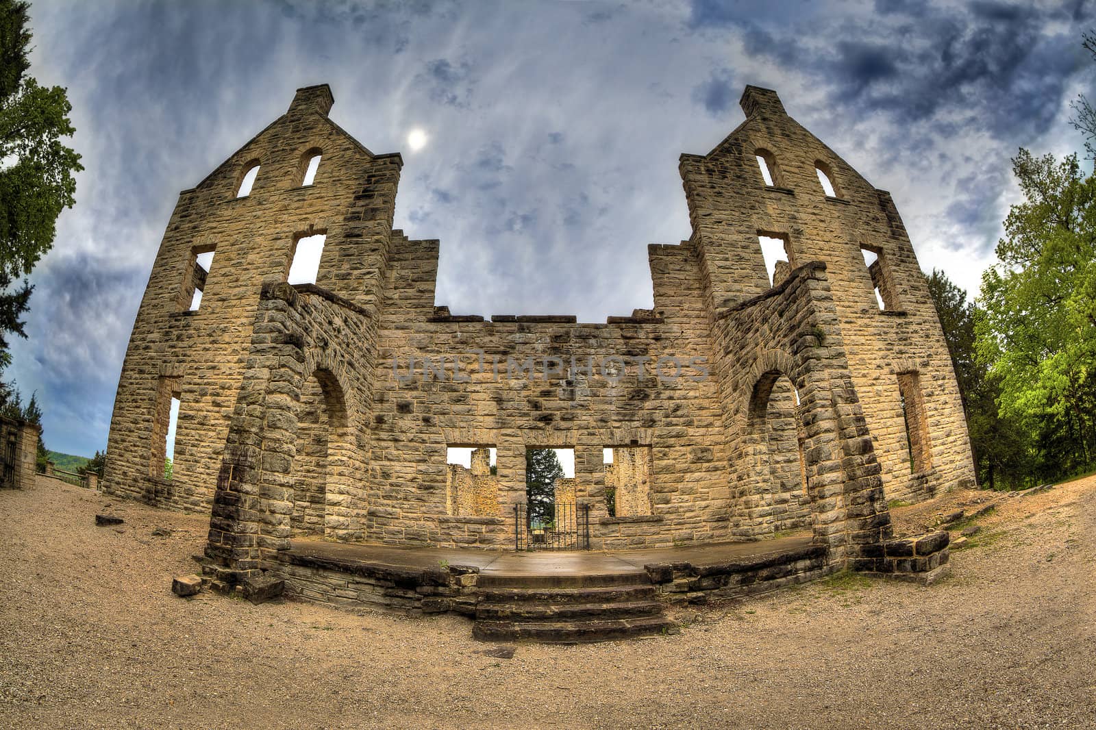 A fisheye High Dynamic Range photo of some Castle Ruins.