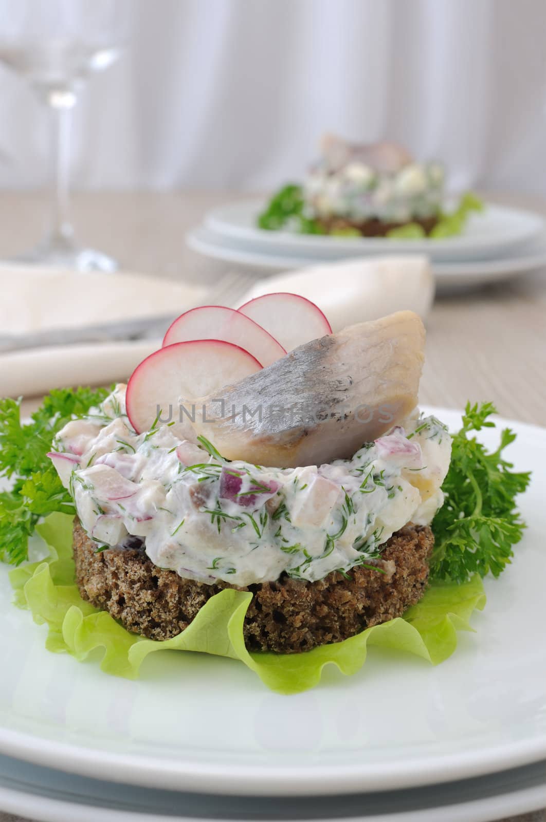 Appetizer of chopped herring, radish and apple and sour cream on a slice of rye bread