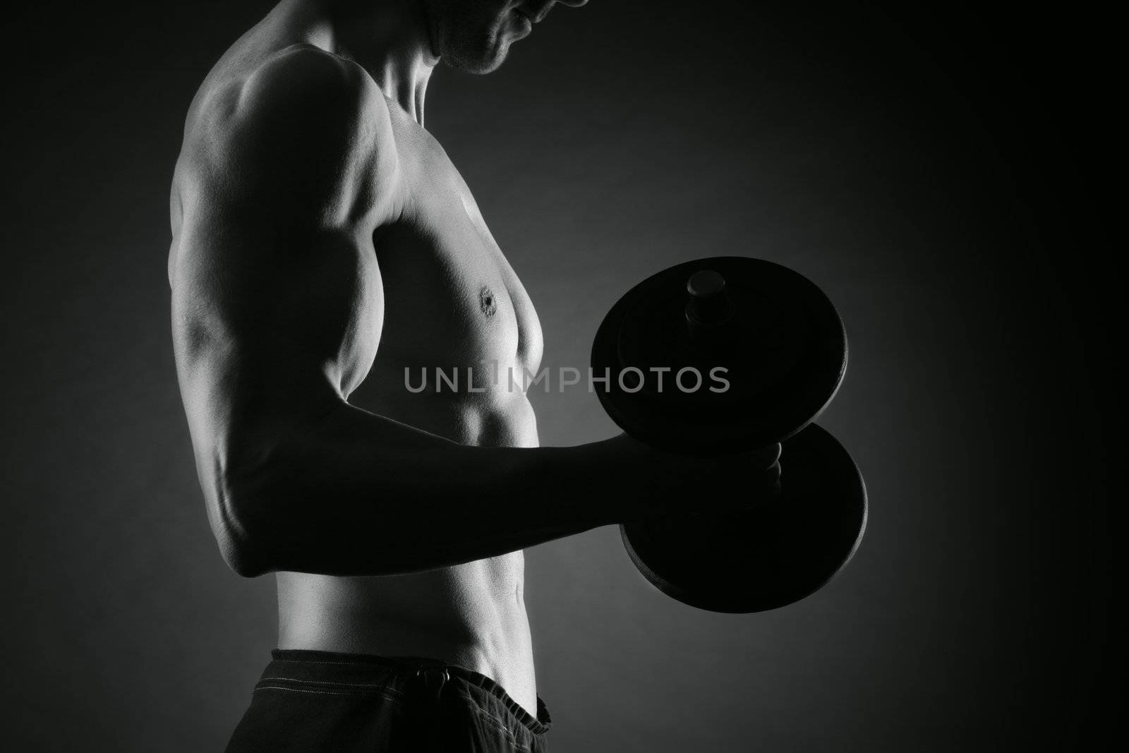 Muscular male athlete is training by lifting dumbbells