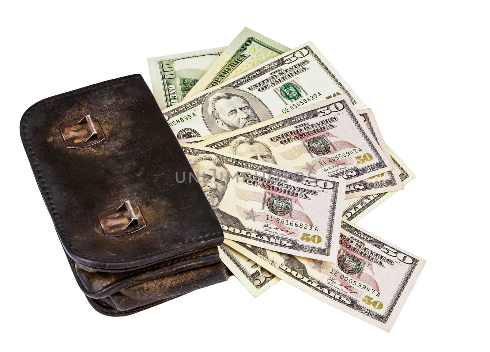 old wallet with dollars isolated on the white background by Zhukow