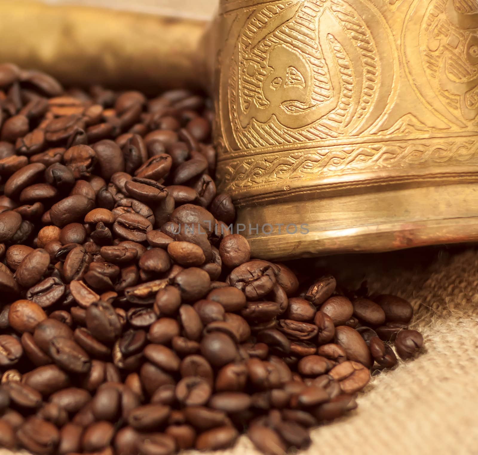 Arabic copper turks and  scattered coffee grains by Zhukow