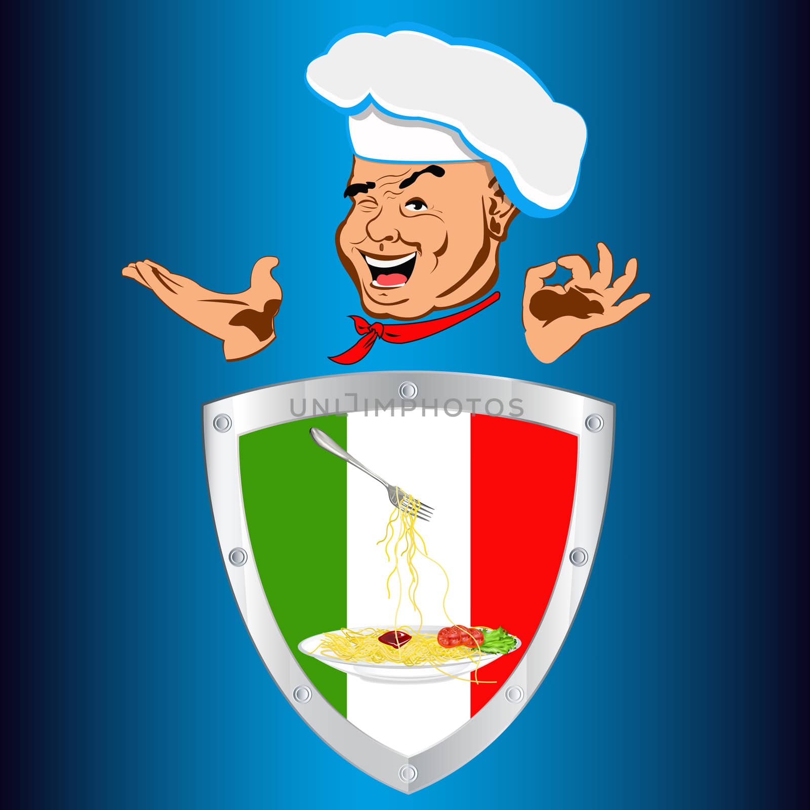 Happy joyful Chef and traditional Italian spaghetti by sergey150770SV