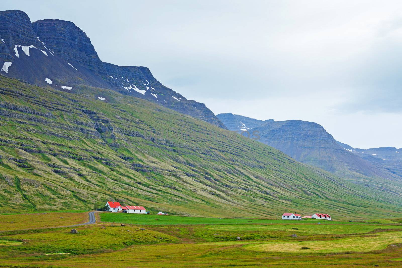 Beautiful Icelandic Landscapes with mountains and houses