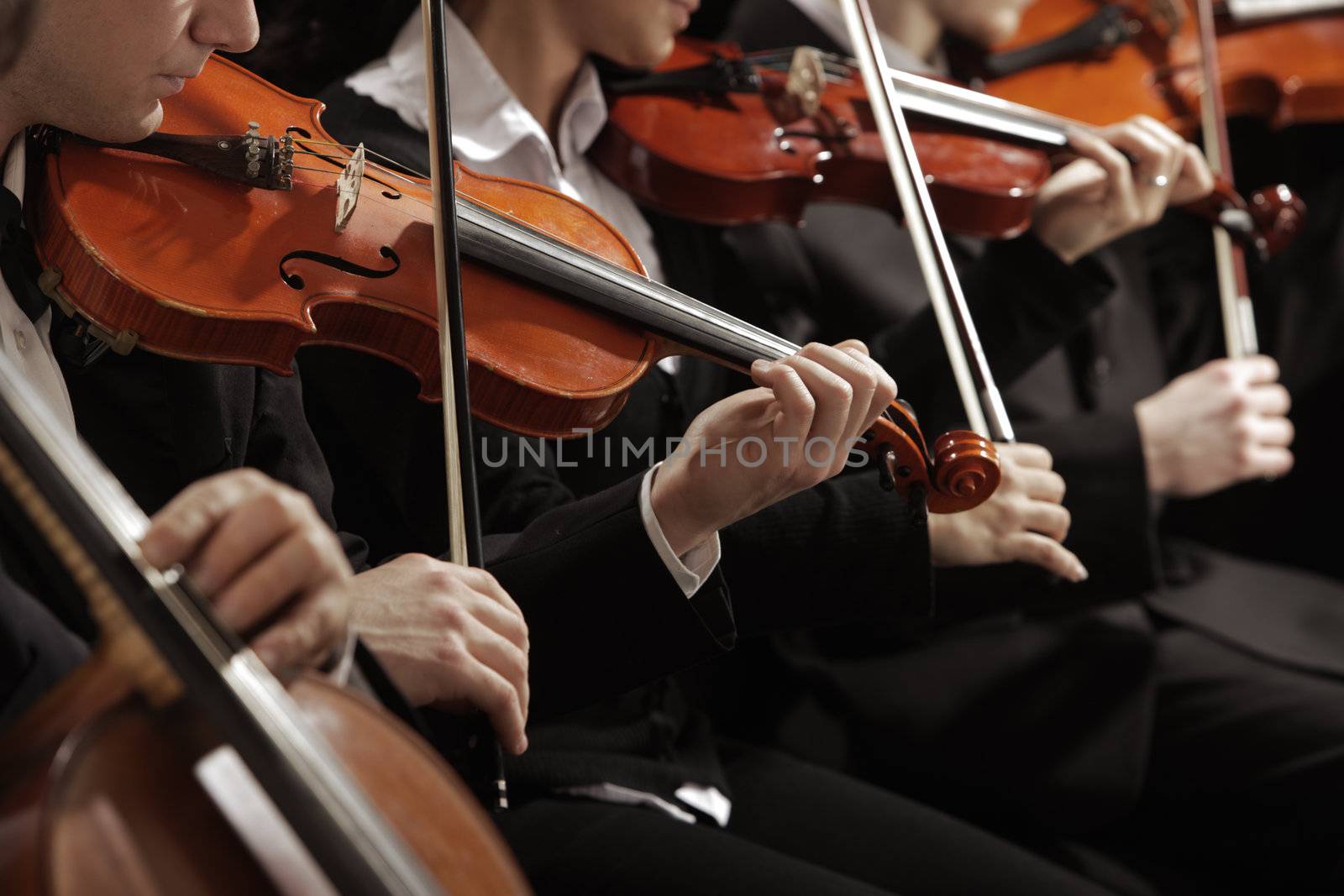 Symphony music, violinist at concert, hand close up