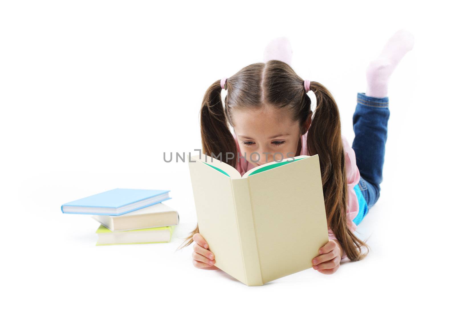Cute Girl reading a book on white background