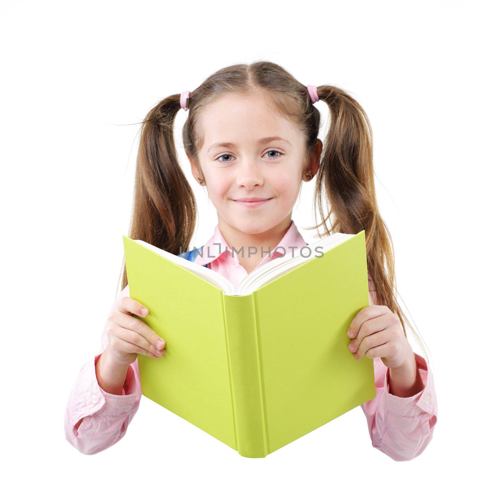 Beautiful little girl student hold textbooks