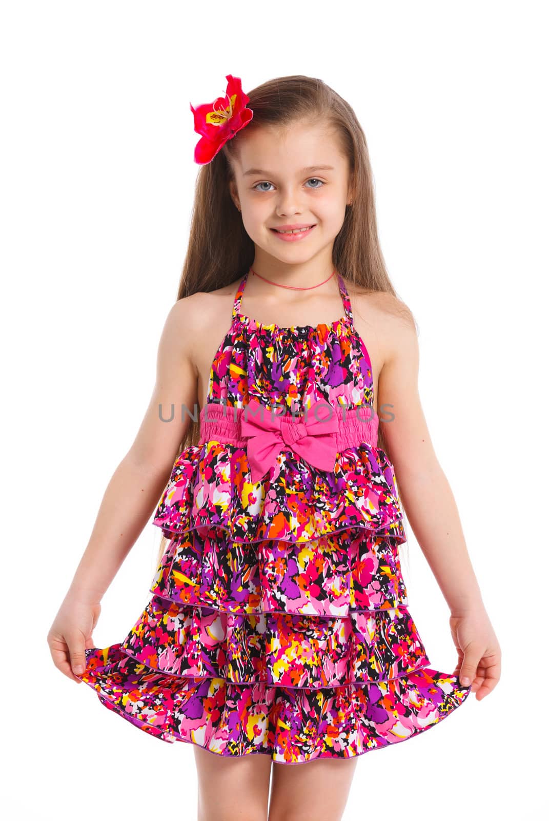 Portrait of little fashion girl. Isolated white backround.