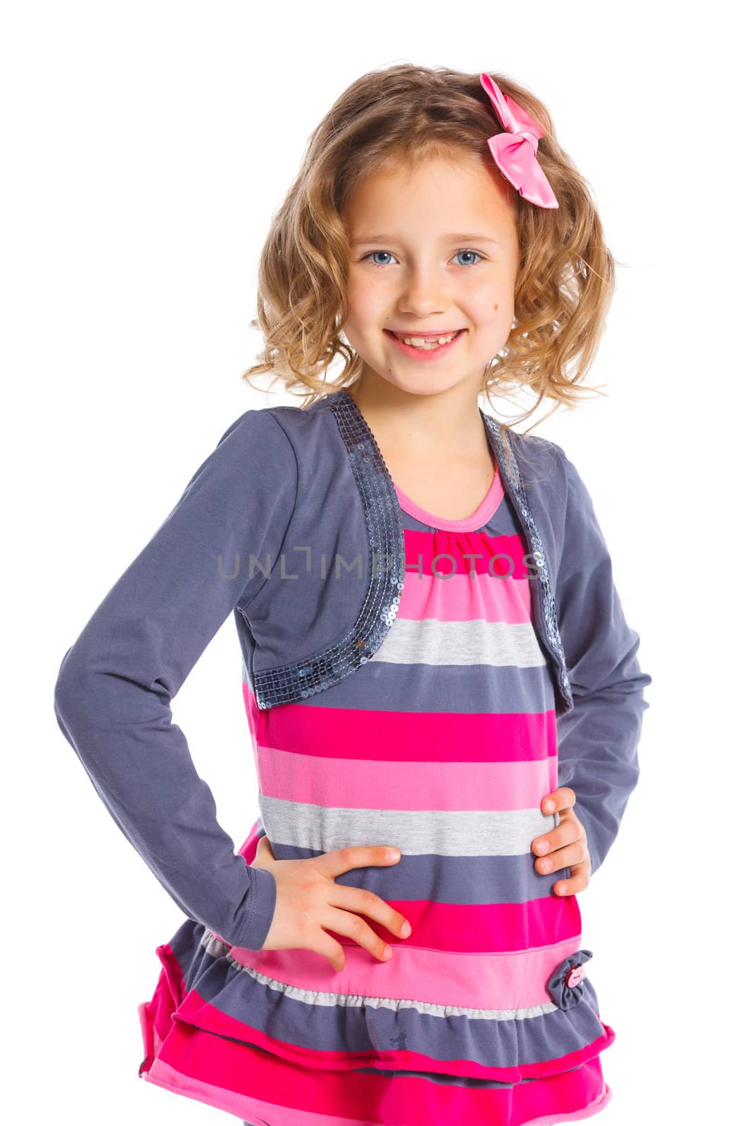 Portrait of little fashion girl. Isolated white backround.