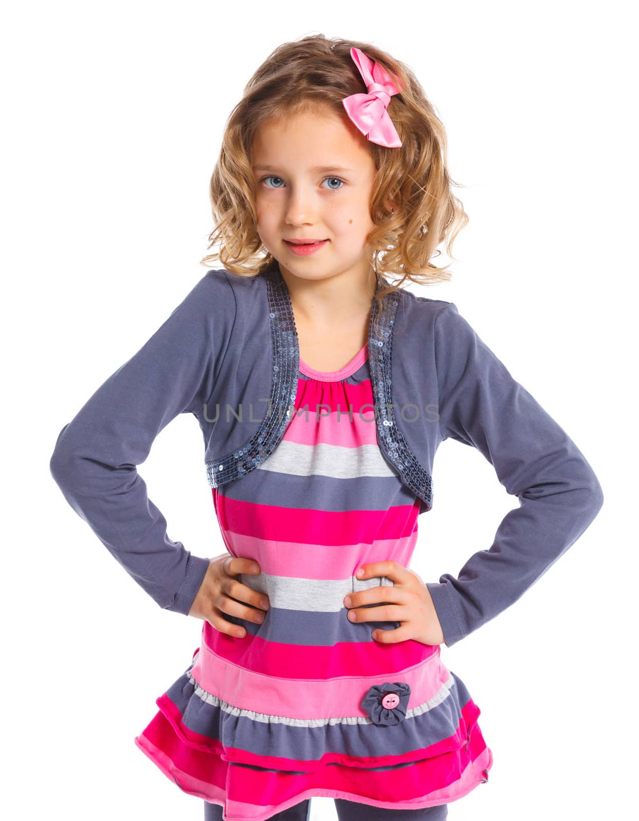 Portrait of little fashion girl. Isolated white backround.