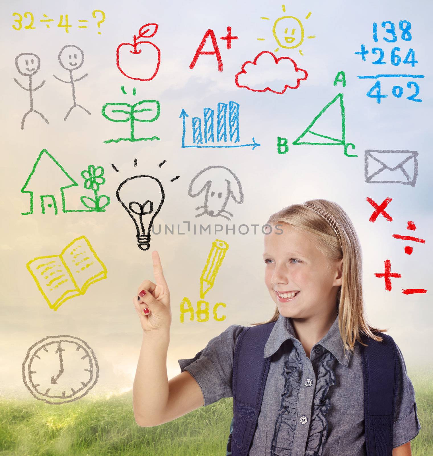 Young blond school girl with hand written school themed texts and pictures