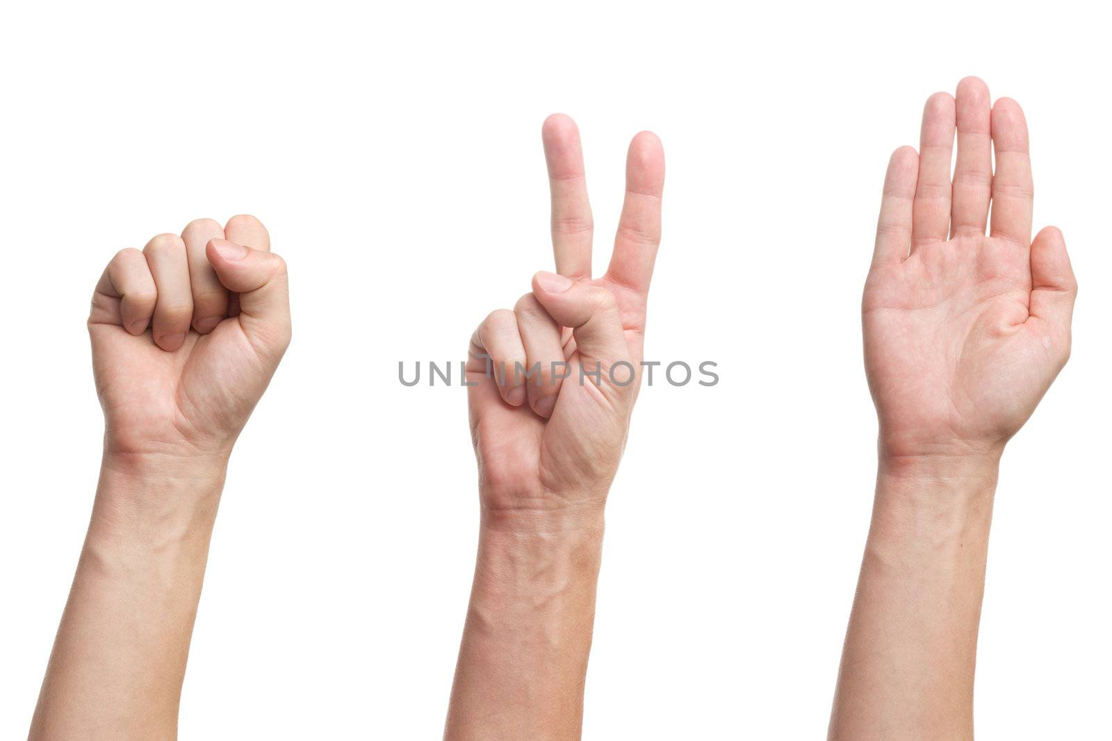 Rock Paper Scissors game. Three hands isolated on white background