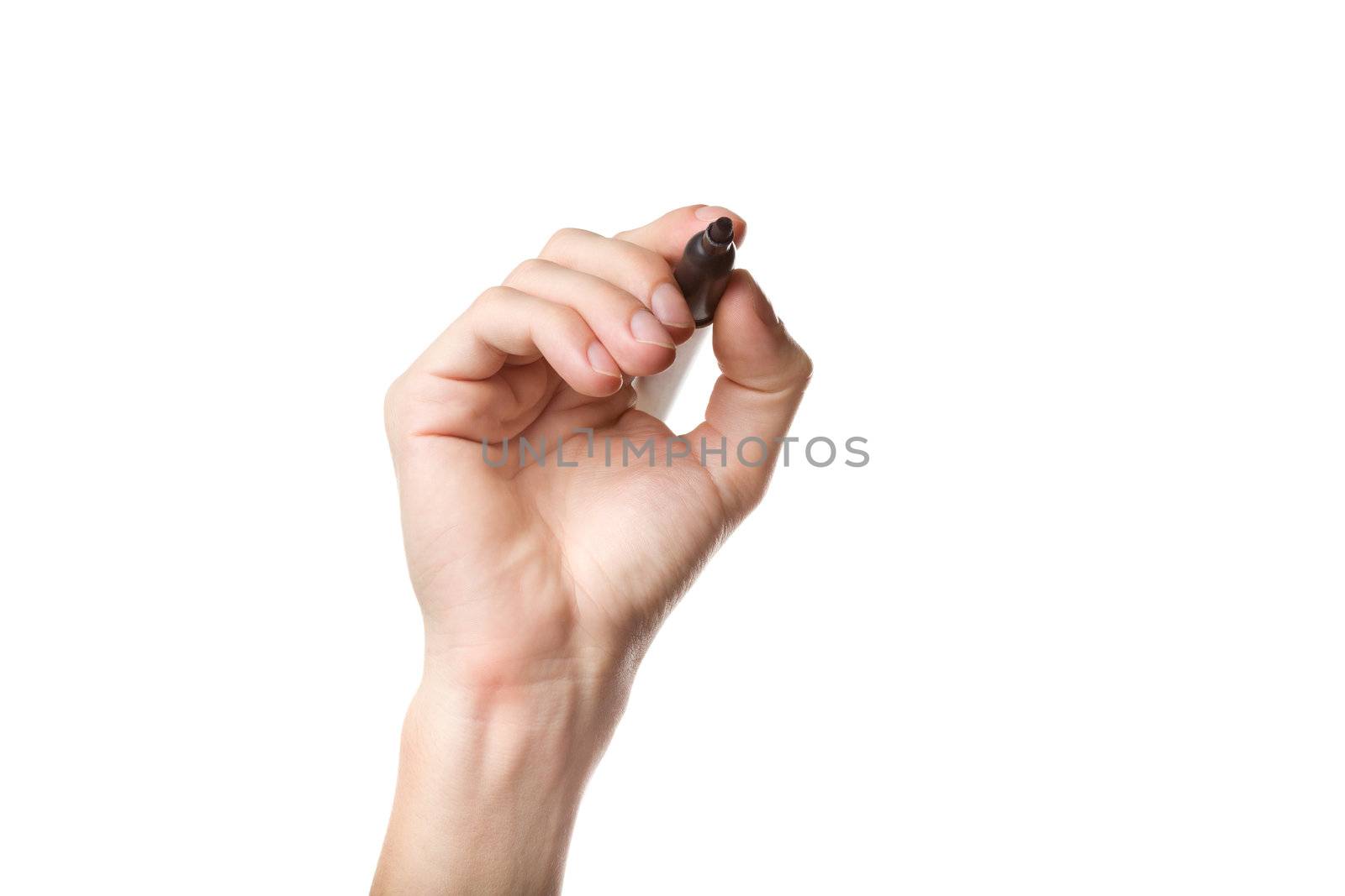 Hand holding black marker to draw or write. Isolated on white background