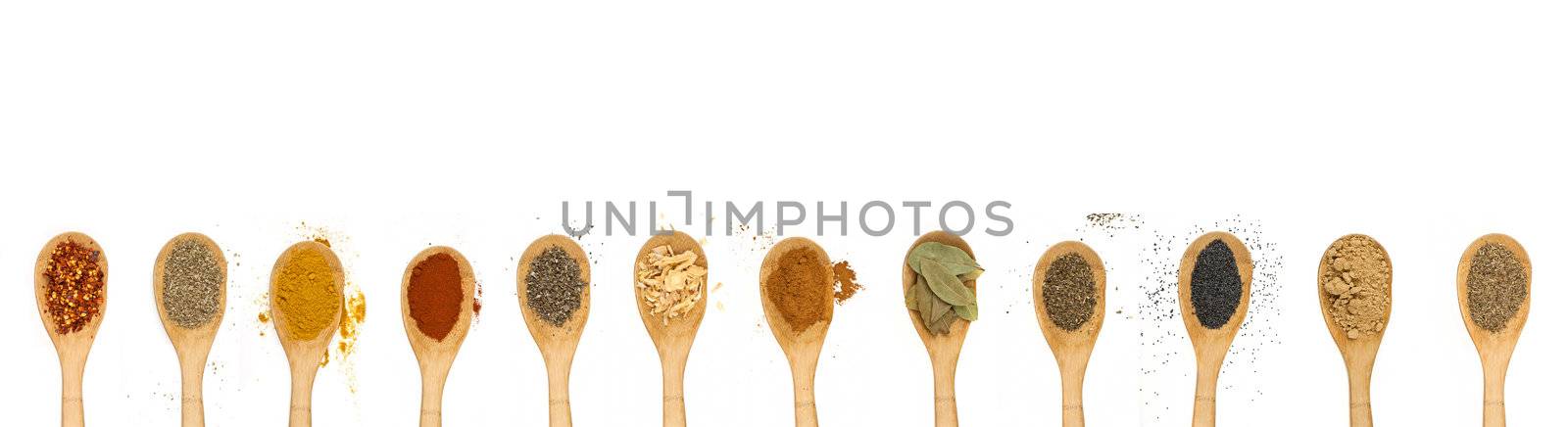 different types of spices isolated on white background