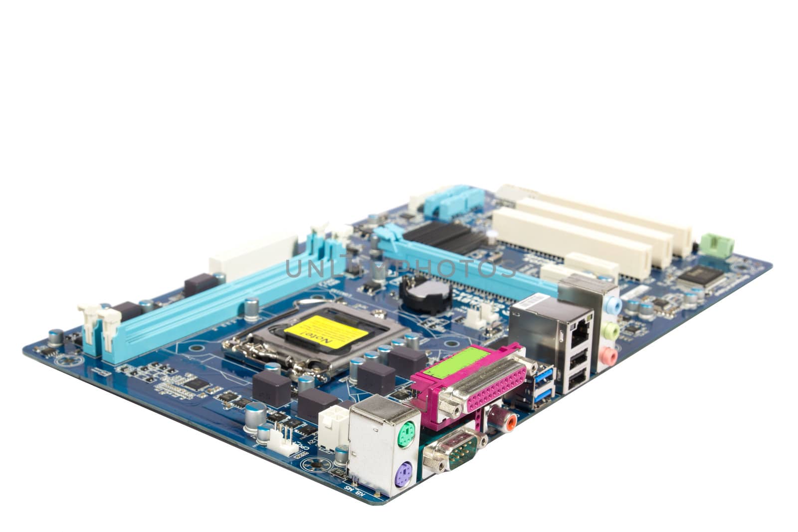 PC motherboard on white background